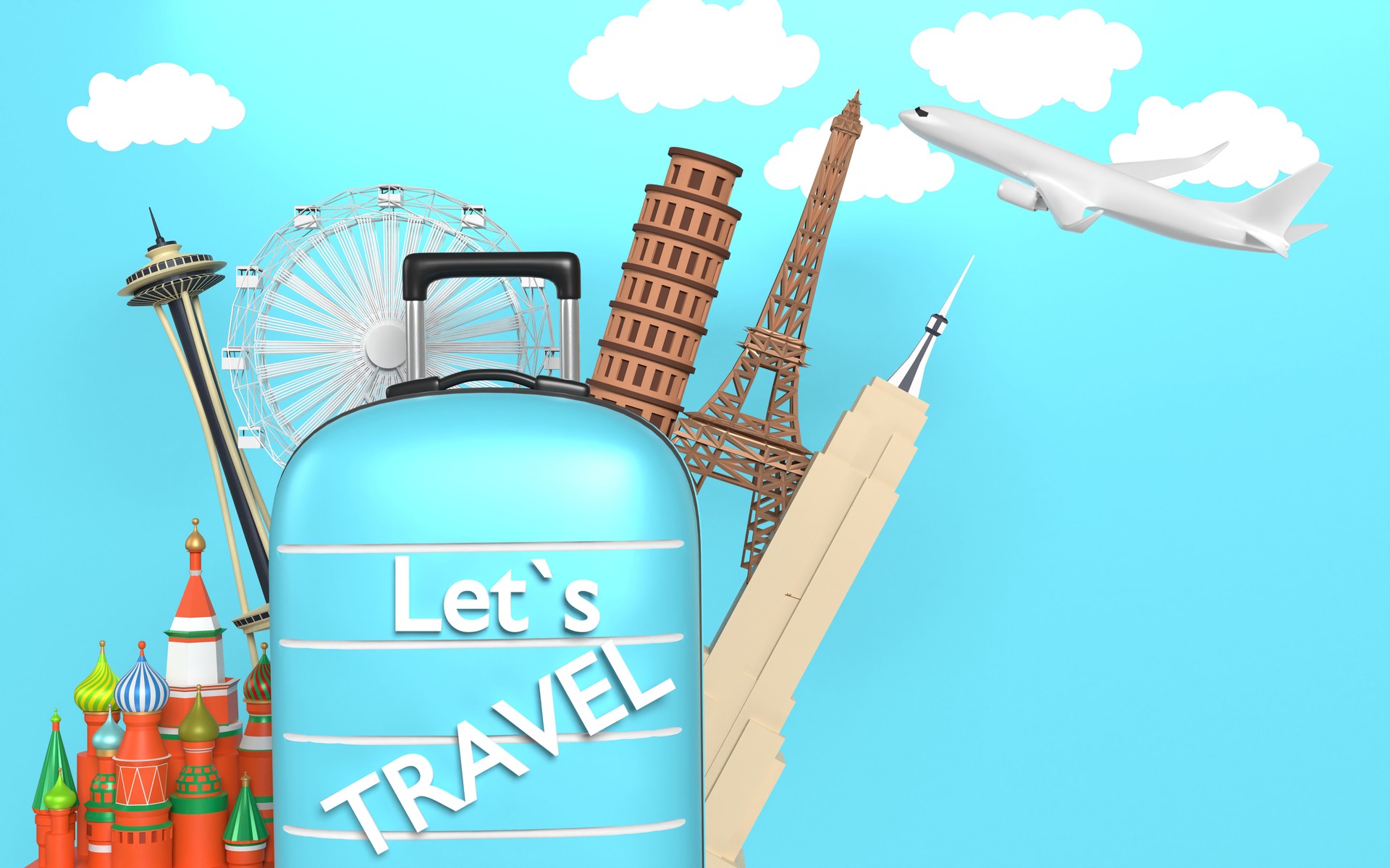 Let’s Travel text on Summer Concept on Blue Sky Background